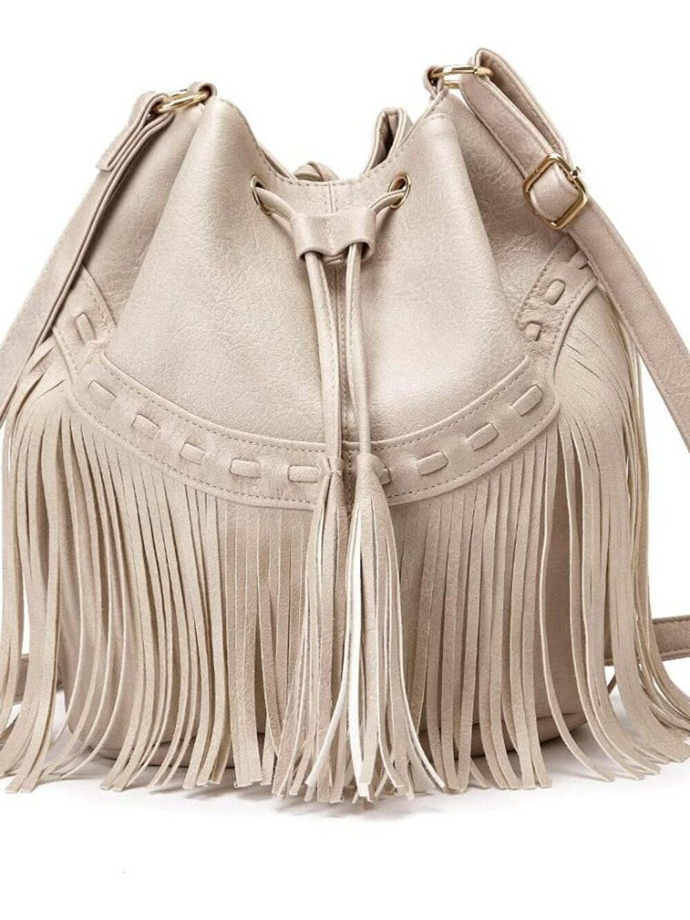 Leather Bucket Bags for Women Crossbody Fringe Purses with Drawstring Ladies Tas